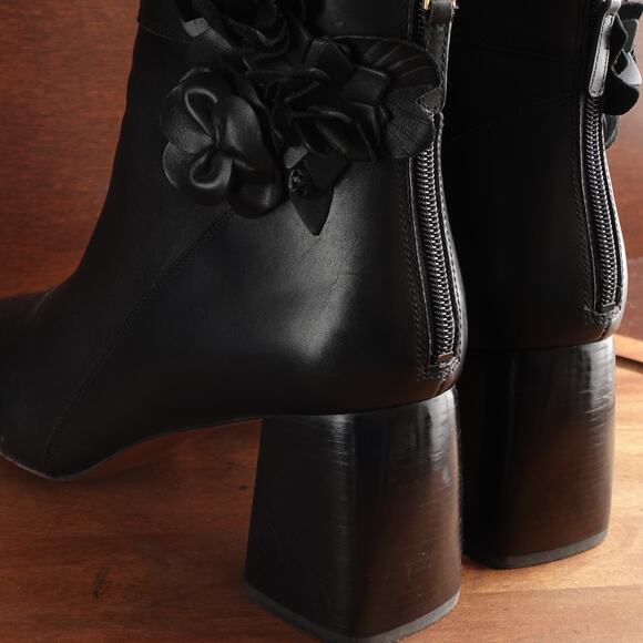 Tory Burch Boots Womens Size 10M Black Blossom Ankle Leather Heeled Modern Zip - Picture 7 of 15